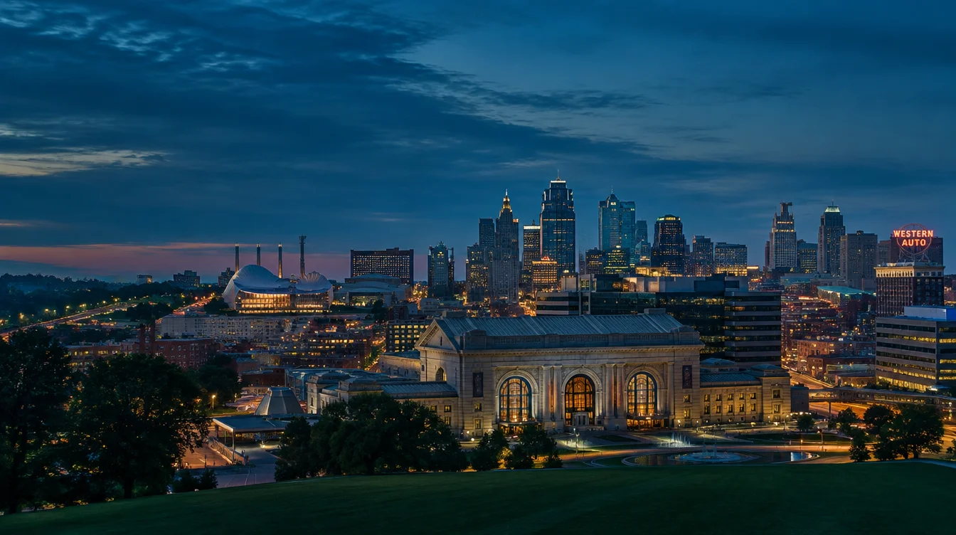 Kansas City skyline and Union Station at blue hour