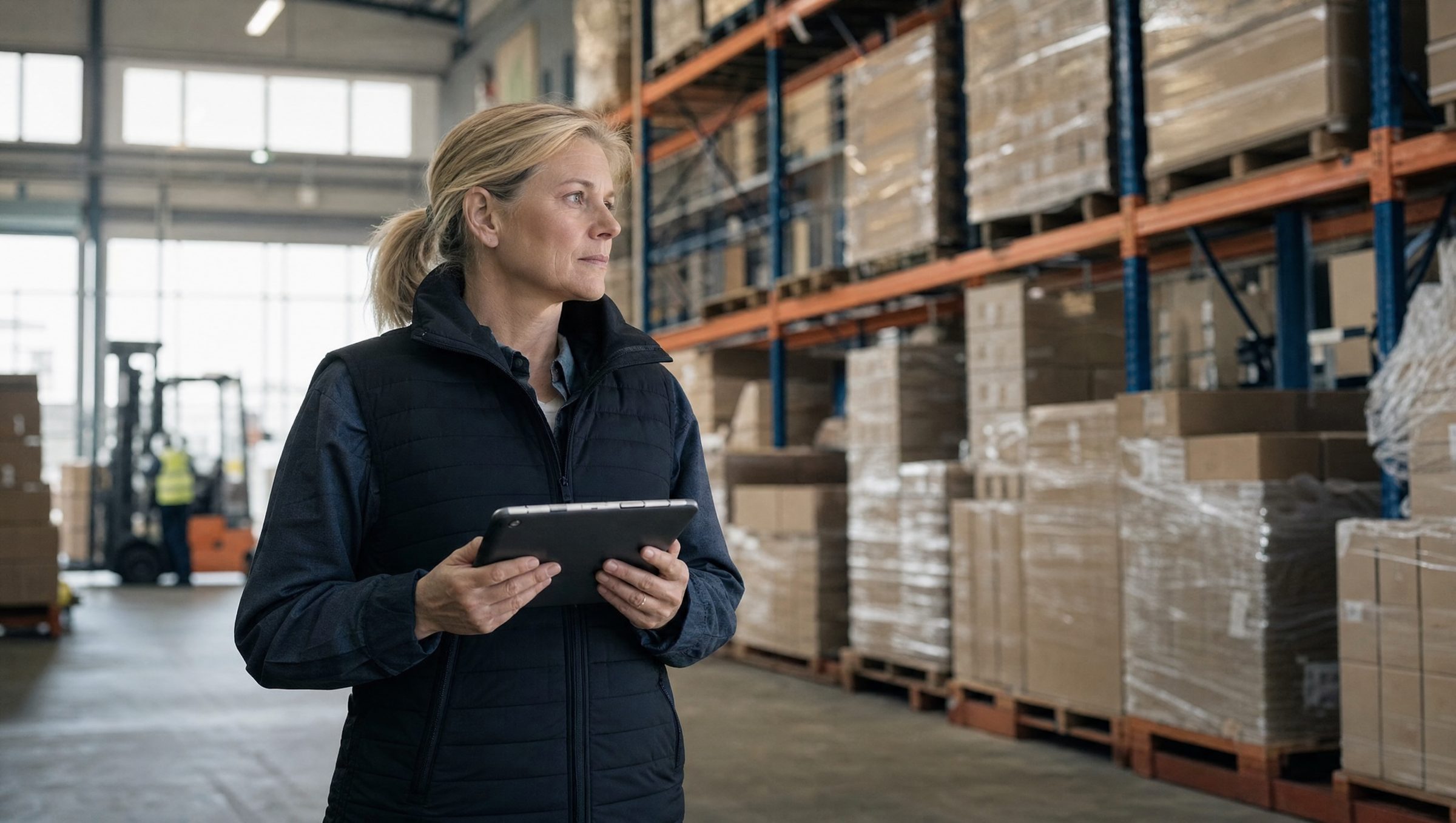 An operations manager on a warehouse floor