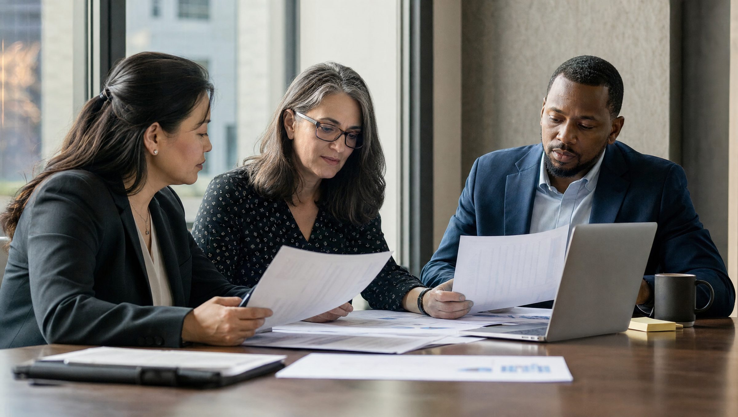 An HR and finance team reviewing plan documents