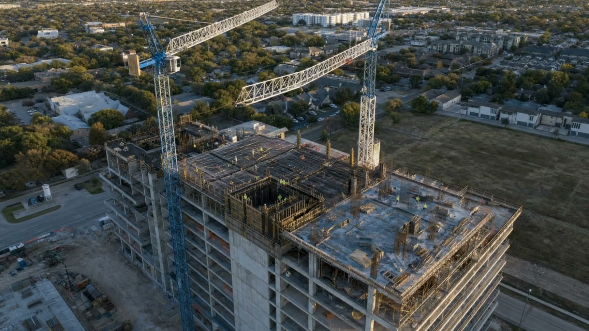 A construction site from the air at golden hour
