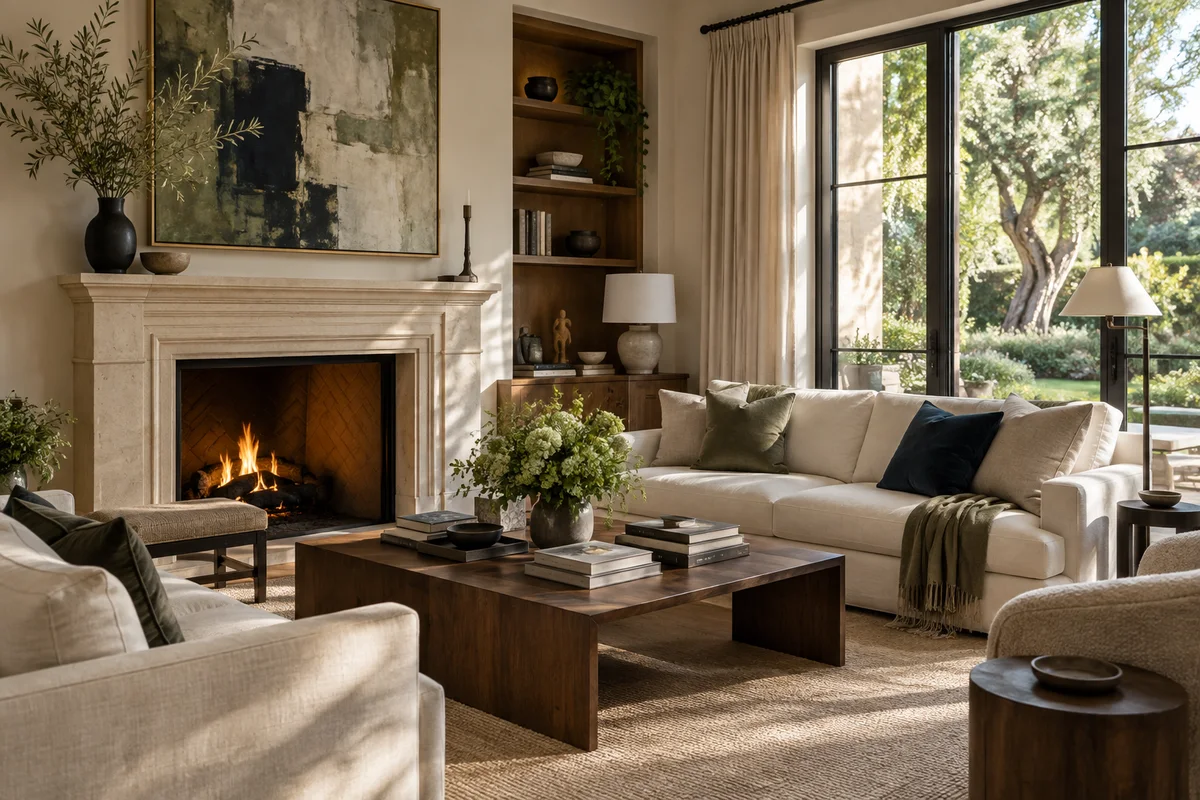 Sunlit living room with a limestone fireplace, framed artwork, and garden views